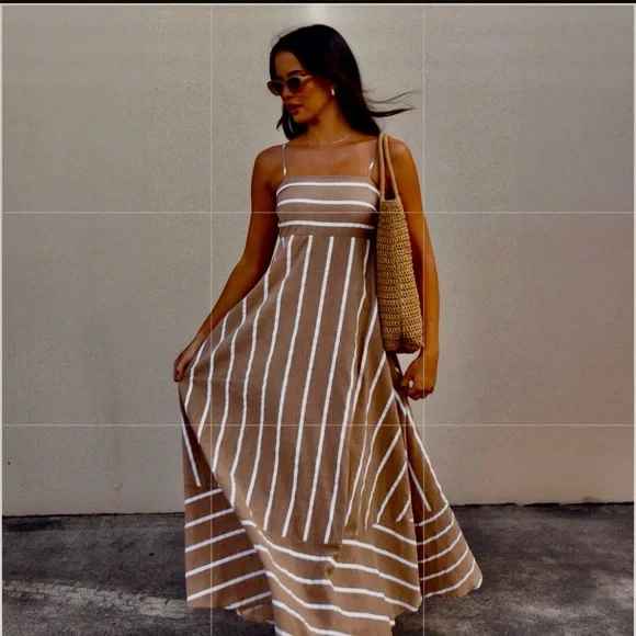 Elegant Brown White Striped Sleeveless Come Sail Away Maxi Sun Dress - Picture 3 of 8